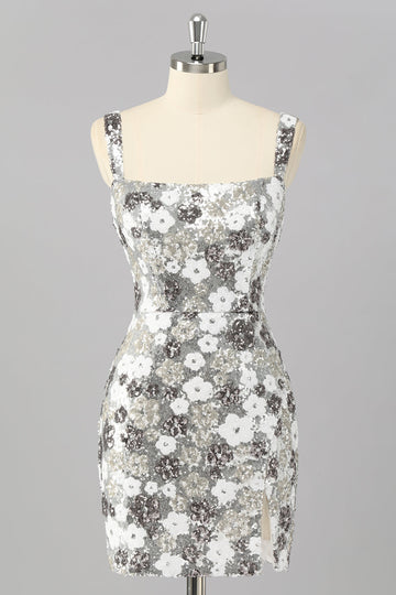 Sparkly Silver Floral Sequin Bodycon Mini Homecoming Dress with Slit